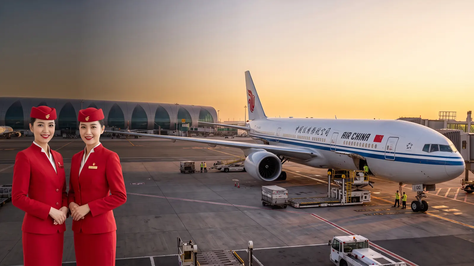 Ảnh minh họa AI Air China: máy bay đỗ chéo bên phải tại sân bay quốc tế, nhân viên Air China ở tiền cảnh
