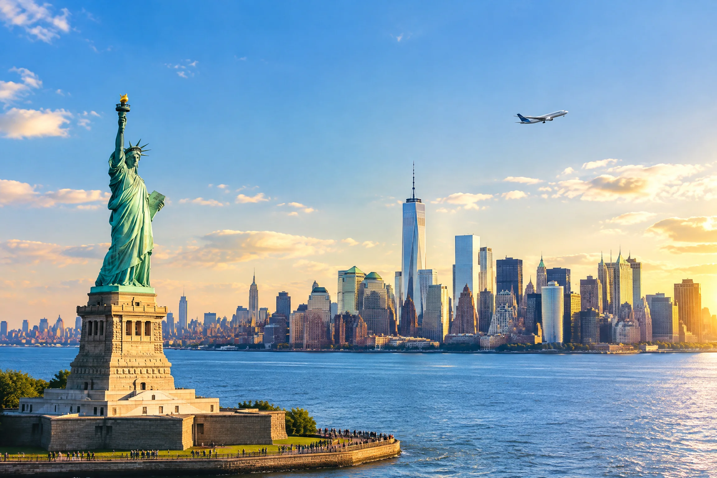 Đường chân trời New York và tượng Nữ thần Tự do, hình minh họa hành trình vé máy bay đi Mỹ