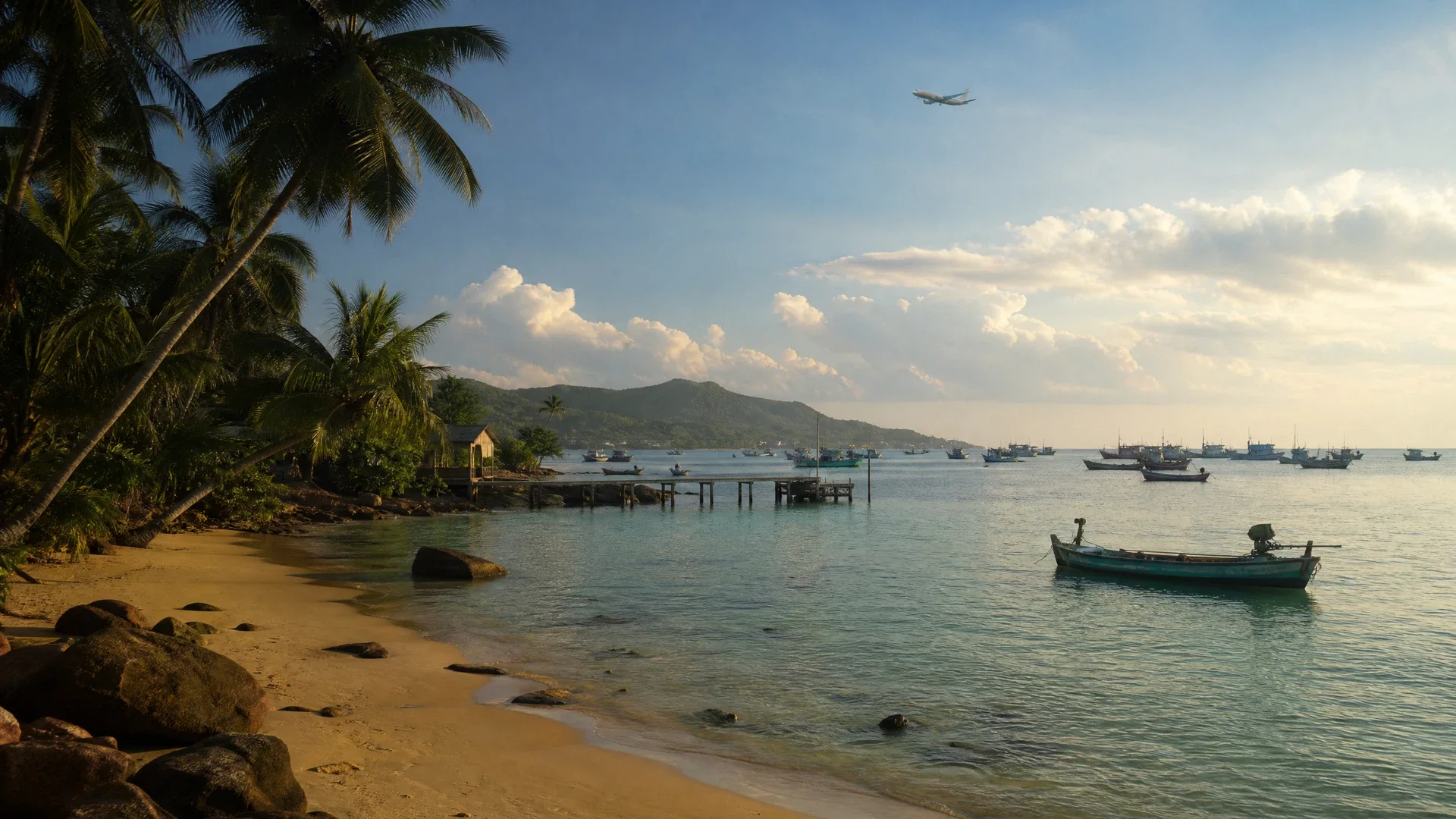 Vịnh biển phía Nam Việt Nam trong ánh chiều cùng máy bay thương mại ở xa