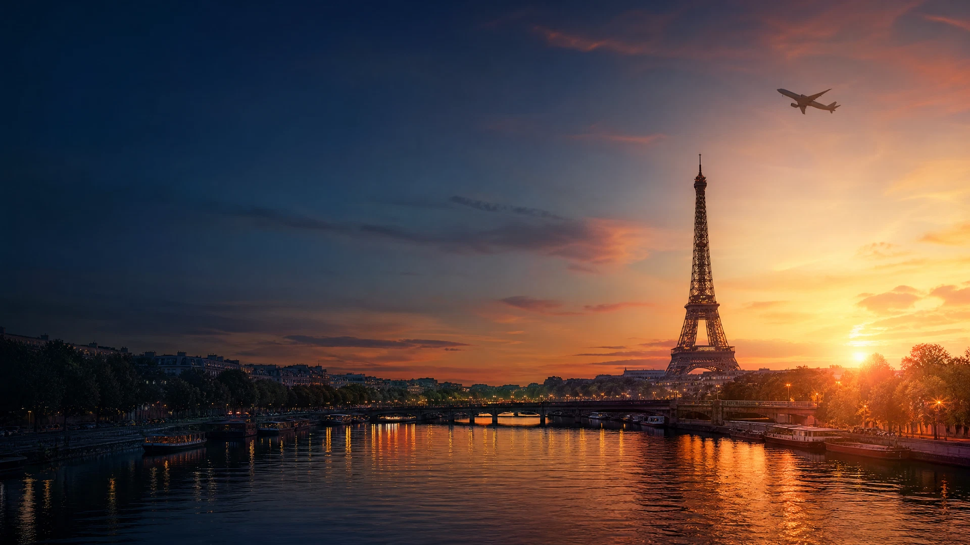 Paris với tháp Eiffel và máy bay thương mại ở xa