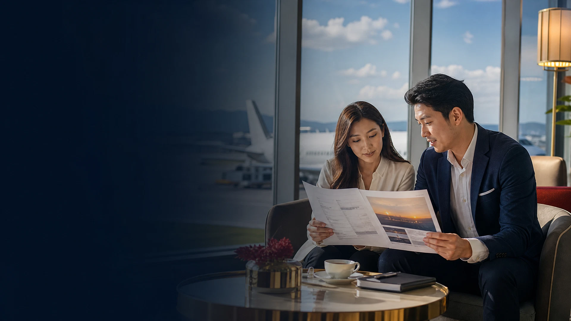 Khách hàng trao đổi hành trình cùng tư vấn viên tại sân bay